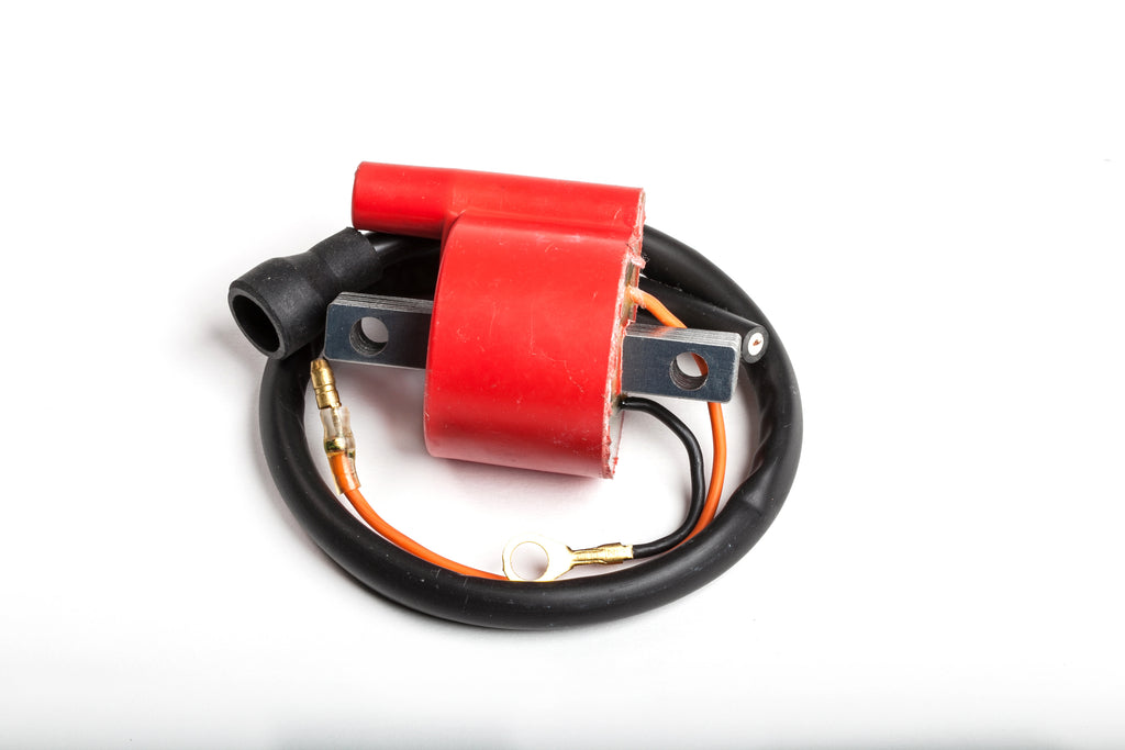 Ricks Motorsport Electric ignition coil 27-23402 for motorcycle electrical system, shown with mounting bracket and electrical connectors.