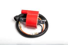 Ricks Motorsport Electric ignition coil 27-23402 for motorcycle electrical system, shown with mounting bracket and electrical connectors.