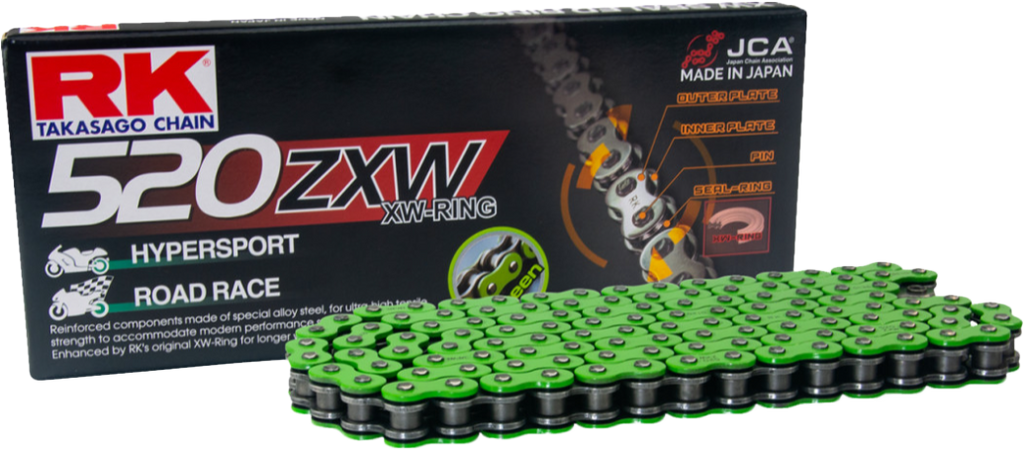 Green Excel Wheel components 520 Mm520zxw drive chain with 120 links, for motorcycle or bicycle drivetrain systems.