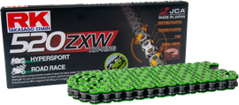 Green Excel Wheel components 520 Mm520zxw drive chain with 120 links, for motorcycle or bicycle drivetrain systems.