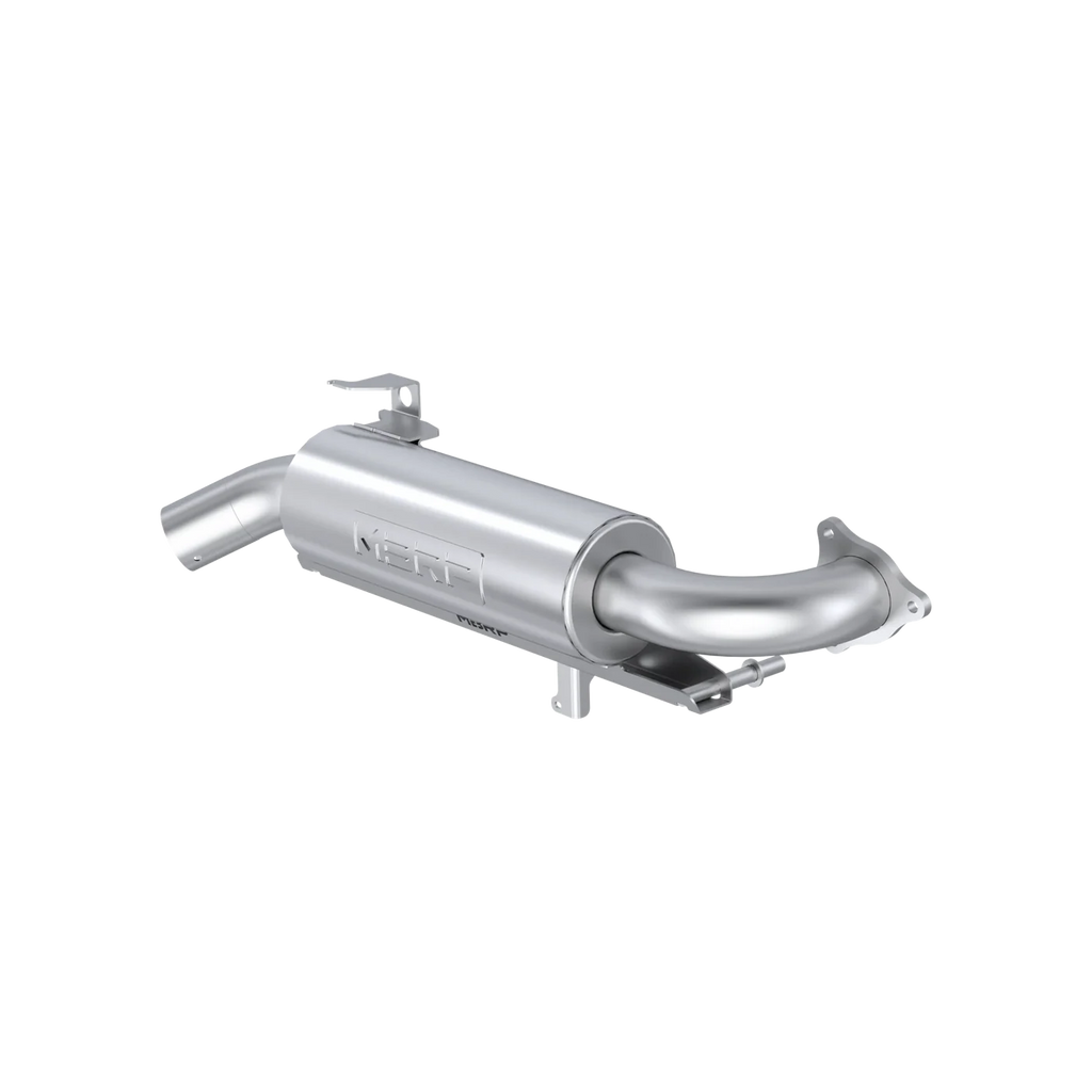 MBRP Exhaust single slip-on system with 5-inch perforated muffler and catalytic converter for enhanced vehicle performance.