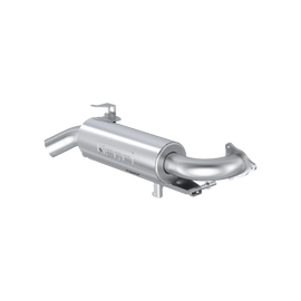 MBRP Exhaust single slip-on system with 5-inch perforated muffler and catalytic converter for enhanced vehicle performance.