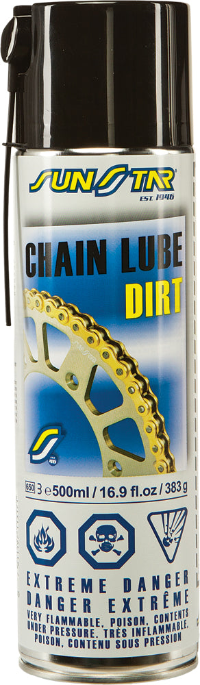Sunstar Chain Lube Dirt 500ml bottle, a chemical lubricant for bike chains, with a yellow cap and clear labeling.