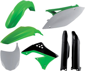 Acerbis green plastic kit with multiple parts for motorcycle or bike body customization, displayed on a white background.