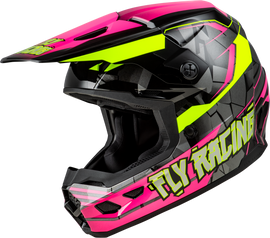 Fly Racing Youth Kinetic Scorched helmet in neon pink, hi-vis black, with aerodynamic design and adjustable straps.