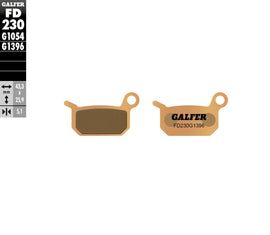 GALFER Sintered Brake Pads FD230G1396 for motorcycles, shown with detailed metal and friction surface in a close-up image.