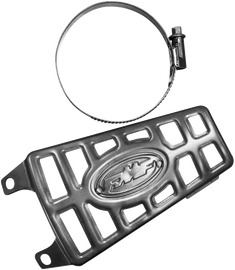 FMF Racing YZF heat shield for RCT 4.1 exhaust, titanium finish, designed for Yamaha motocross bikes, visible in the image.