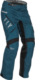 Fly Racing Patrol over-boot pants in slate blue and black, size 32, showing durable fabric and adjustable waistband.
