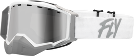 Fly Racing Zone snow goggles with white and light gray frame, silver mirror and smoke lenses for winter sports eyewear
