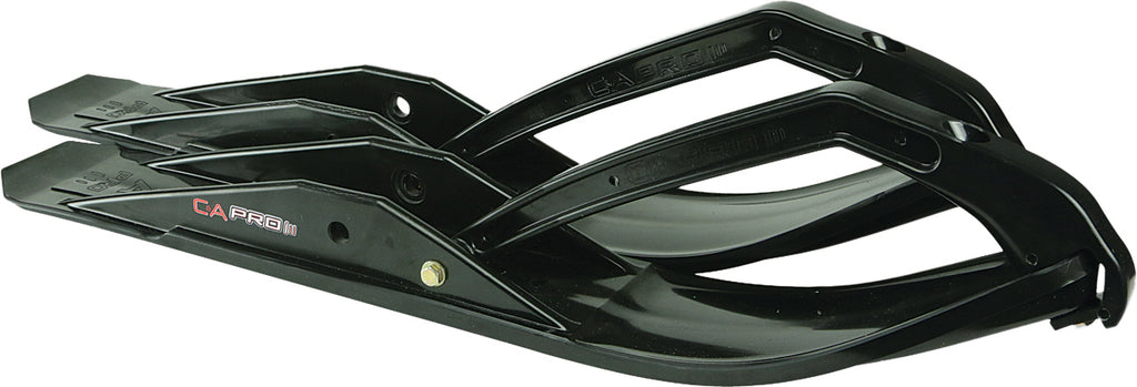 Black C&A Pro Mini Pro Skis with adjustable length from 150 to 200 cm, showcasing the sleek design and binding area.