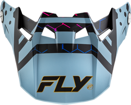 Fly Racing Formula CC Tektonic visor in matte black, slate, and blue for motorcycle helmets, showing the sleek design and color details.