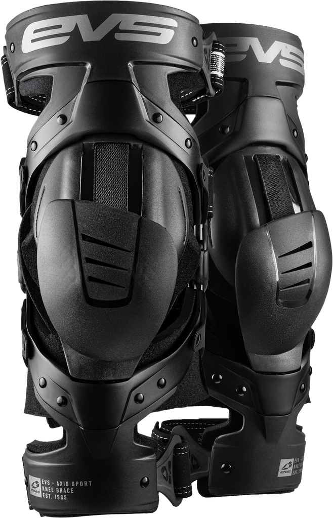 EVS Axis Sport knee brace pair in black and grey, medium size, designed for support and protection during sports activities.