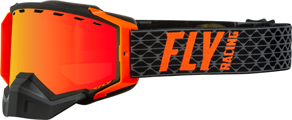 Fly Racing Zone snow goggles in black and orange with red mirror and amber lens, designed for winter sports and snowboarding.