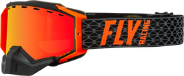 Fly Racing Zone snow goggles in black and orange with red mirror and amber lens, designed for winter sports and snowboarding.