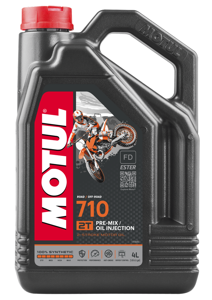 Motul 710 Racing Premix Oil 2T 4-1 1L container, high-performance motorcycle engine oil for 2-stroke engines.