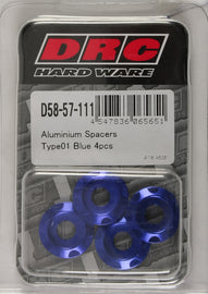 DRC Aluminum Spacers Type 1 in blue, M6x12mm, pack of 4, shown with close-up of blue aluminum spacers on a white background.