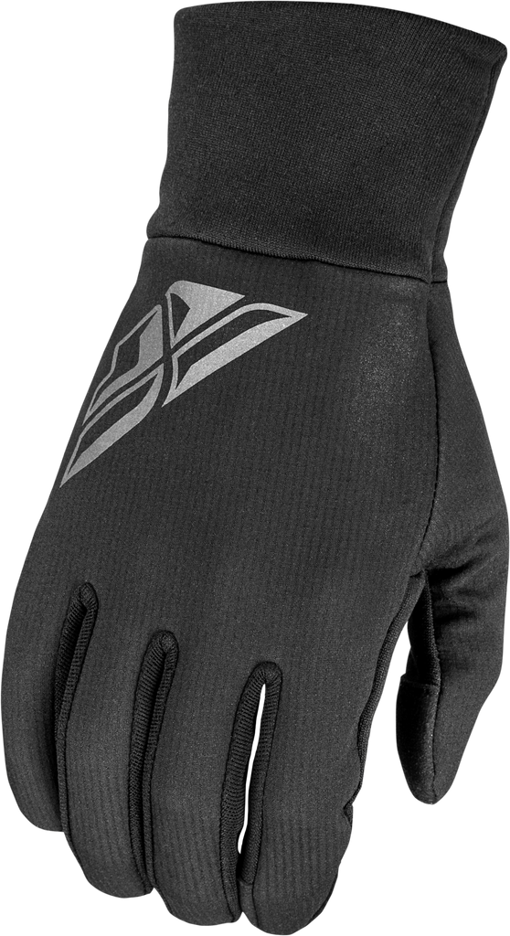 Black Fly Racing glove liners in XL size, showing close-up of fabric texture and fit for motorcycle or biking gloves.