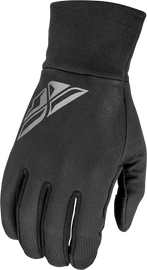 Black Fly Racing glove liners in XL size, showing close-up of fabric texture and fit for motorcycle or biking gloves.