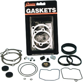 James Gasket Carb Rebuild Kit 27006-88 with gaskets and seals for engine repair, laid out on a white surface.