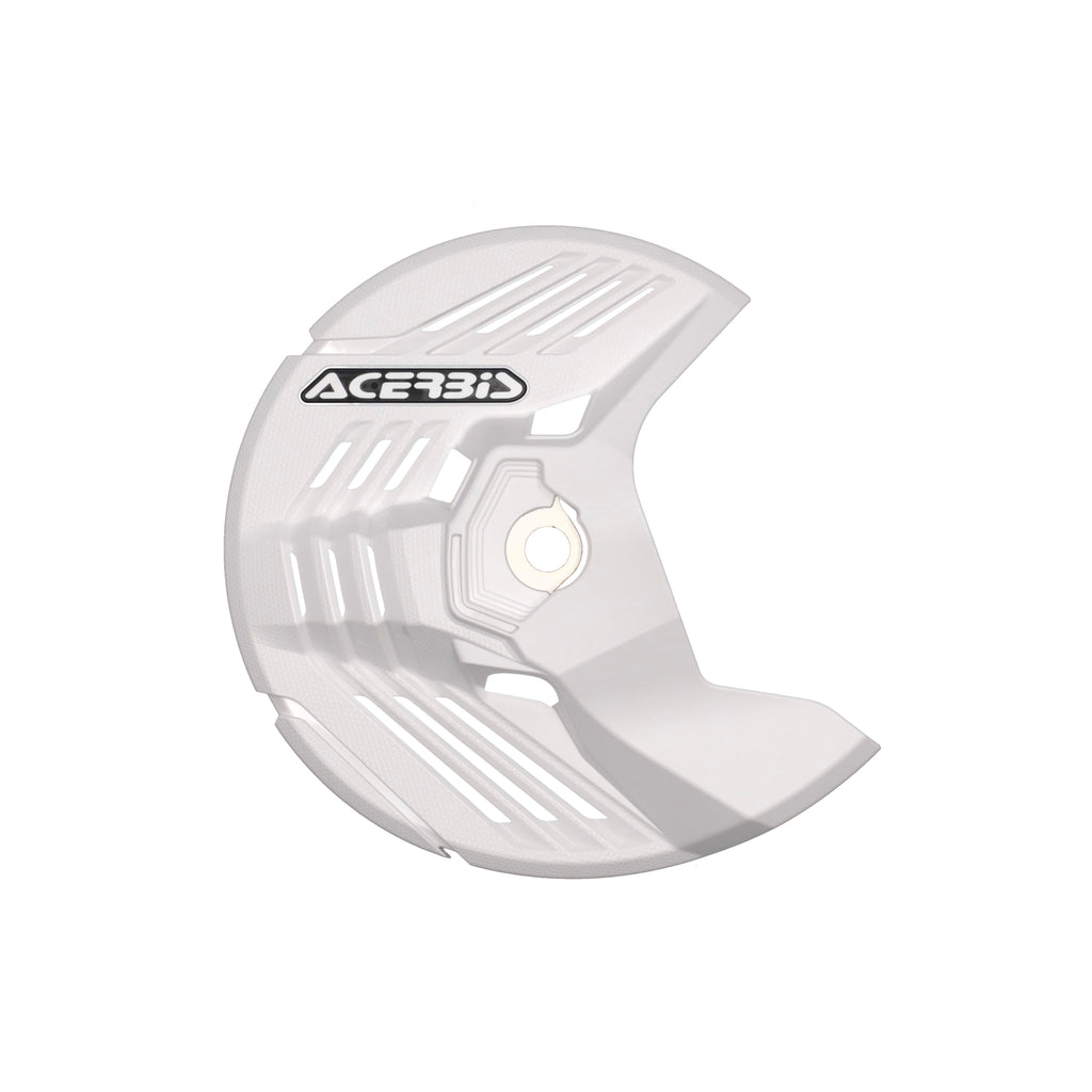 Acerbis linear front disc cover in white for Honda, Kawasaki, Sherco, and Yamaha motorcycles, showing a close-up view of the cover.
