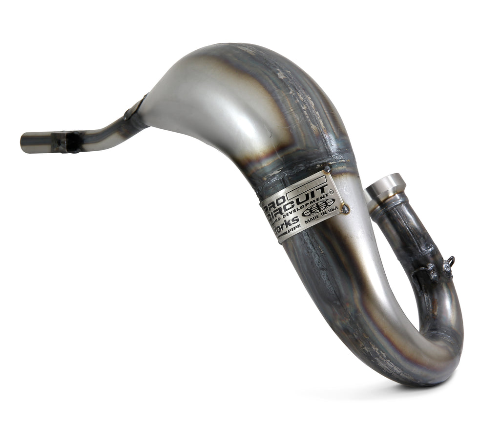 Pro Circuit Works exhaust pipe for Yamaha YZ85 2019, showing the shiny metal pipe with mounting brackets.