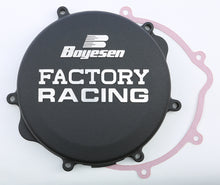 Load image into Gallery viewer, Boyesen Factory Racing Clutch Cover in black for motorcycle, showcasing the sleek black finish and detailed branding.