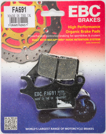 EBC Motorcycle Brakes FA691 organic brake pads showing black friction material and metal backing plates for motorcycle braking system.