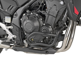 GIVI engine guards Hon 270-6591 mounted on motorcycle engine, durable black body protection for Honda bikes.