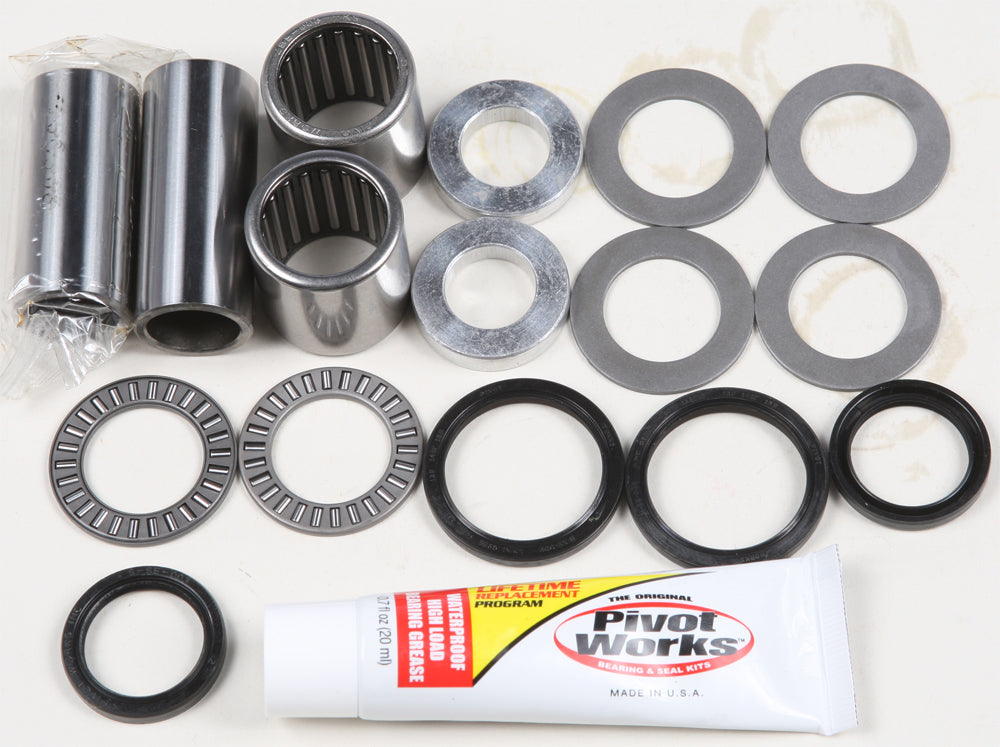 Pivot Works Swingarm Kit 52-02109 for motorcycle suspension, showing components and hardware in a detailed view.