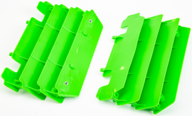 Polisport Plastics green radiator louvers for Kawasaki 2005 motorcycle, body part with vented design and mounting features.