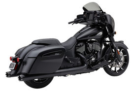 Black Cobra 4-inch NH Dual Cut Slip-On Exhaust for Indian Gen-1 Baggers, model 82-96400, shown installed on motorcycle.