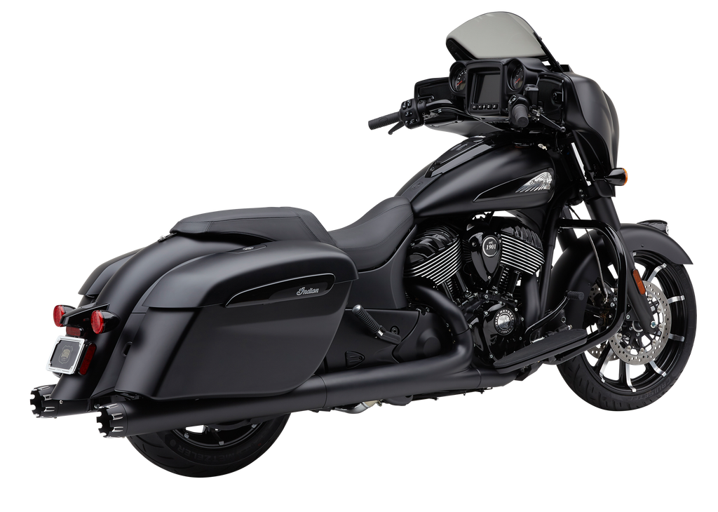 Cobra 4-inch NH Dual Cut Slip-Ons exhaust in black for Indian Gen-1 Bag models, showcasing the sleek metal finish and dual outlet design.