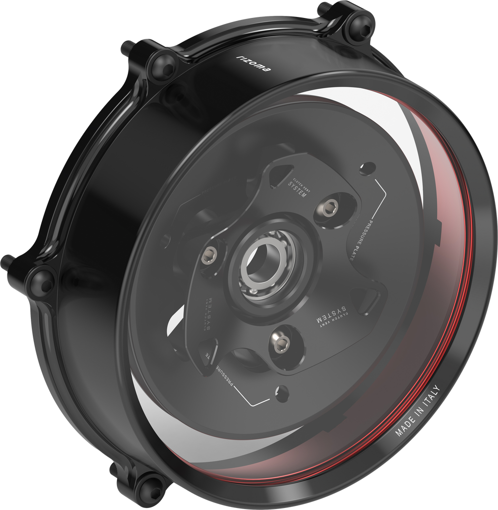 Black RIZOMA clutch cover for Ducati V4 motorcycle, featuring sleek design and precise fit, part number 58-ZDM181B.