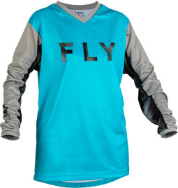 Fly Racing Women's F-16 jersey in sky blue and light grey, XL size, featuring breathable fabric and sporty design.
