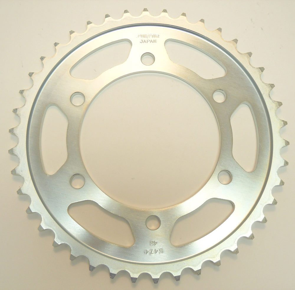 Sunstar steel rear sprocket 42-tooth for Suzuki and Yamaha motorcycles, featuring durable 530 chain compatibility.