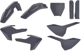 Polisport Plastics Nardo Grey plastic body kit for Husqvarna FC and TC motorcycle, shown on a motorcycle frame.