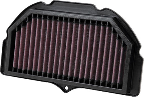 K&N Air Filter 761005R showing a close-up of the high-performance air filter with a pleated cotton filter element and brand logo.