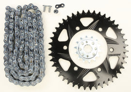 VORTEX black sprocket and chain kit including 14 and 43-tooth sprockets for 520-106L chain, aluminum and steel construction.
