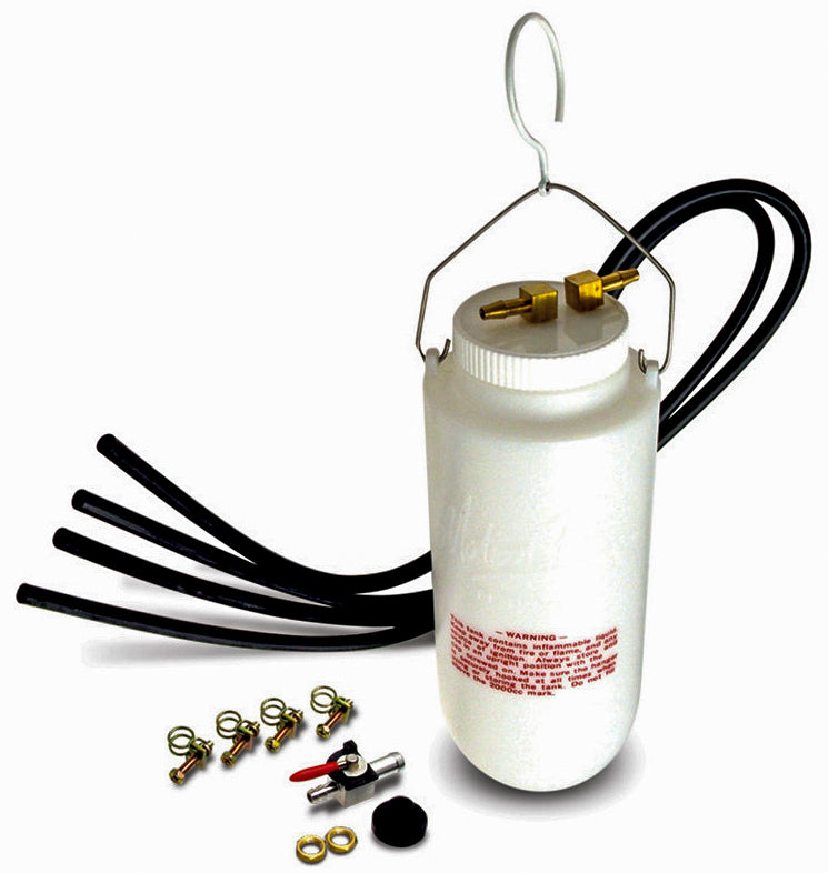 Motion Pro Deluxe Auxiliary Fuel Tank 57-8189, compact black fuel tank with mounting brackets and fuel outlet.