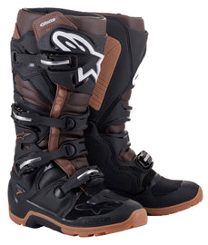 Alpine Star Tech 7 Enduro Boots in black and dark brown, size 09, showing rugged design and secure straps for off-road riding.