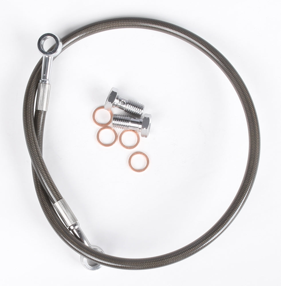Streamline rear Yamaha brake line in smoky black for Yamaha models, featuring flexible rubber hose and metal fittings.