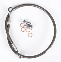 Load image into Gallery viewer, Streamline rear Yamaha brake line in smoky black for Yamaha models, featuring flexible rubber hose and metal fittings.