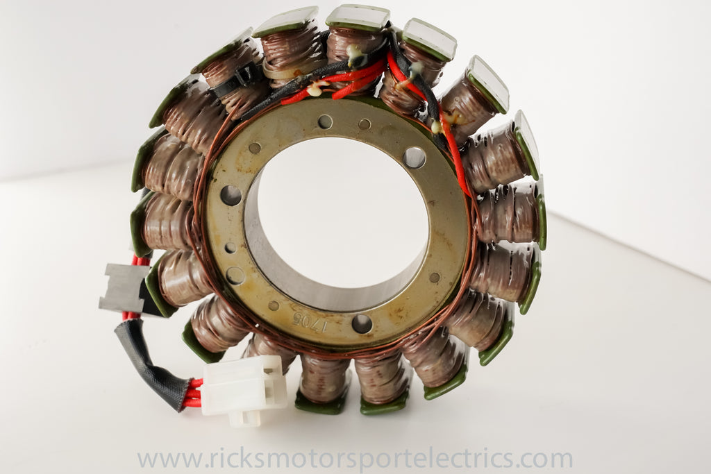 Ricks Motorsport Electric Stator 27-21219 for motorcycle electrical systems, showing the black coil and mounting plate.