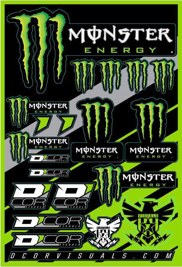 DCOR Monster Energy decal sheet with various graphic stickers, featuring bold Monster Energy logos and designs for customizing gear.