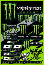 Load image into Gallery viewer, DCOR Monster Energy decal sheet with various graphic stickers, featuring bold Monster Energy logos and designs for customizing gear.