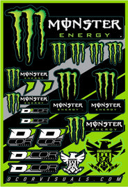 DCOR Monster Energy decal sheet with various graphic stickers, featuring bold Monster Energy logos and designs for customizing gear.