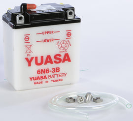 Yuasa 6N6-3B conventional battery showing terminals and black casing, designed for automotive and motorcycle use.