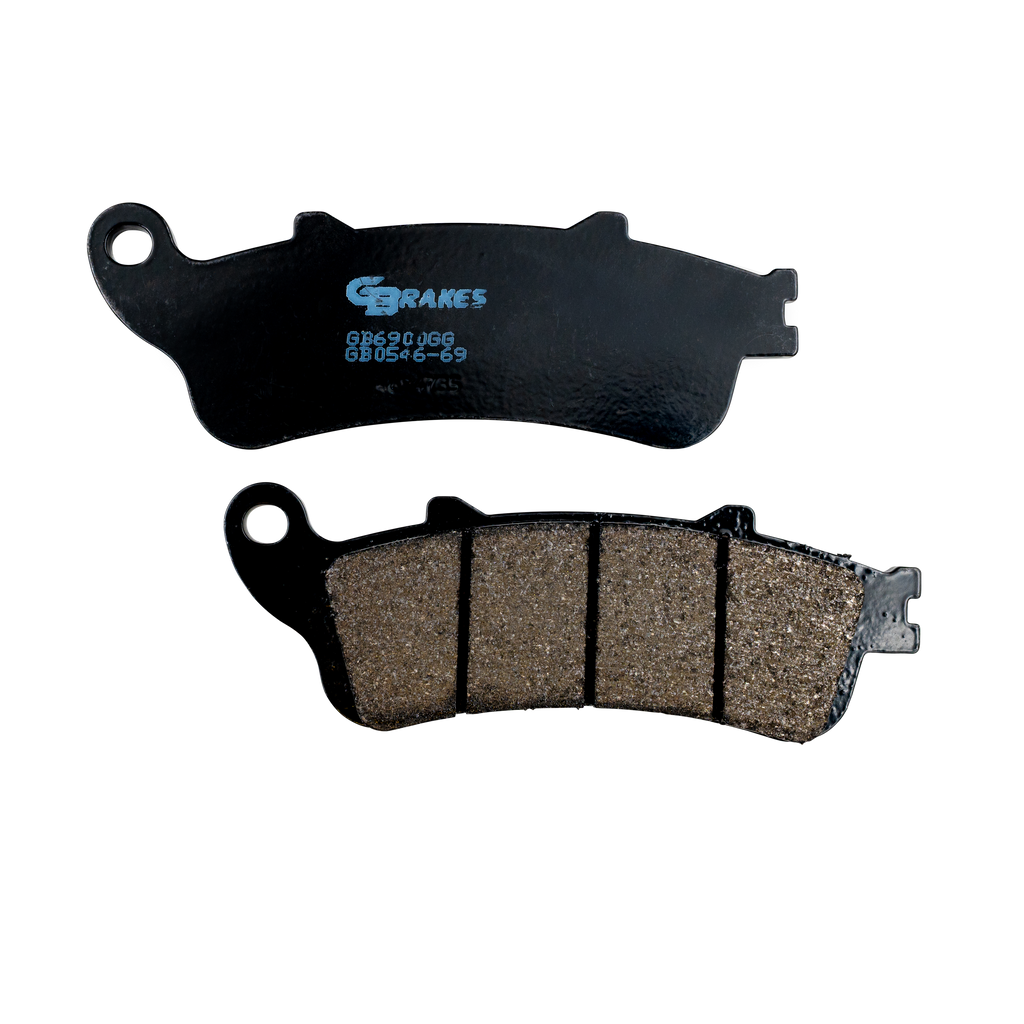 GBRAKES semi-metallic brake pads for vehicles, showing the black friction surface and metal backing plate.