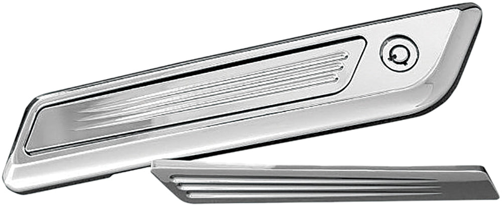 Chrome Accutronix Speed Ball Saddlebag Latch Inserts for luggage, showing close-up of polished metal latch components.
