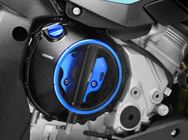 Black and blue BMW clutch cover guard by RIZOMA, featuring a sleek design for motorcycle protection.